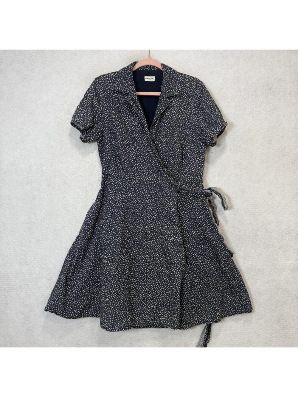 Bridge & Burn Dress Womens Large Blue Floral Short Sleeve Linen Wrap Pockets